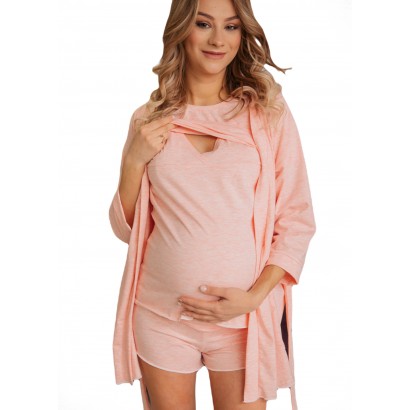 Комплект для беременных и кормящих (Укороченный халат, футболка, шорты) Рита Розовый